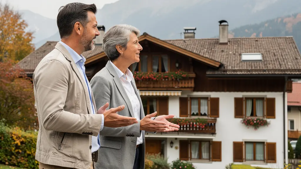 Expert immobilier et propriétaire discutant devant une maison en Suisse romande