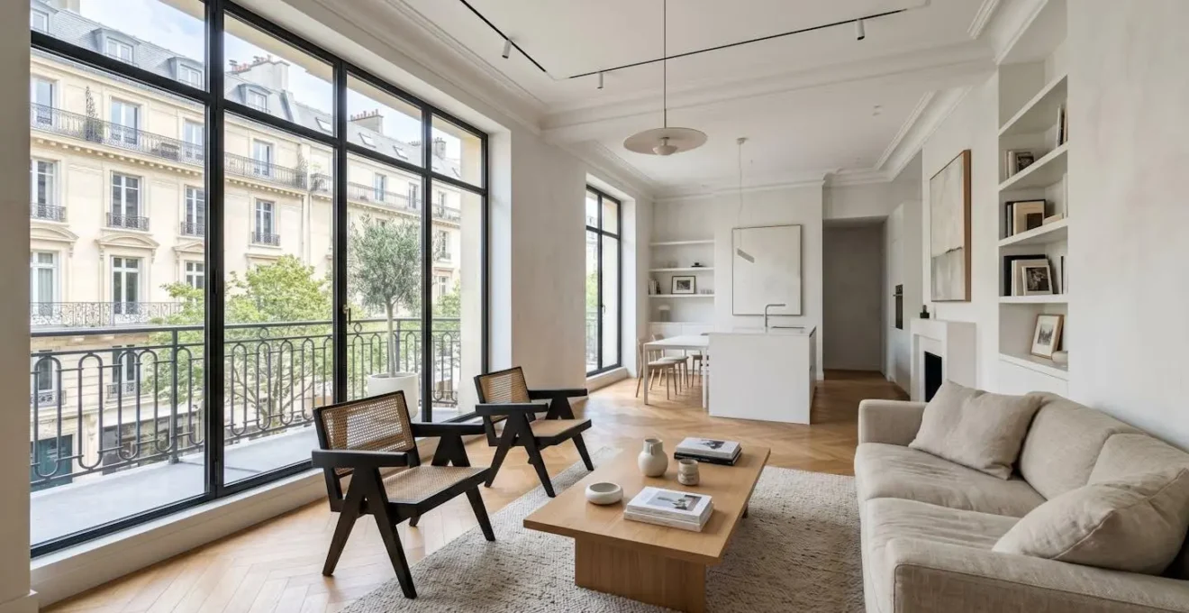 Vue grand angle d'un salon d'appartement contemporain français lumineux avec grandes fenêtres laissant entrer la lumière naturelle, espace vide sans présence humaine visible, esthétique 2026