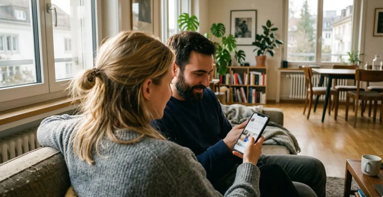 Un couple vu de dos consulte une tablette sur une table de salon moderne avec vue sur une architecture résidentielle suisse romande