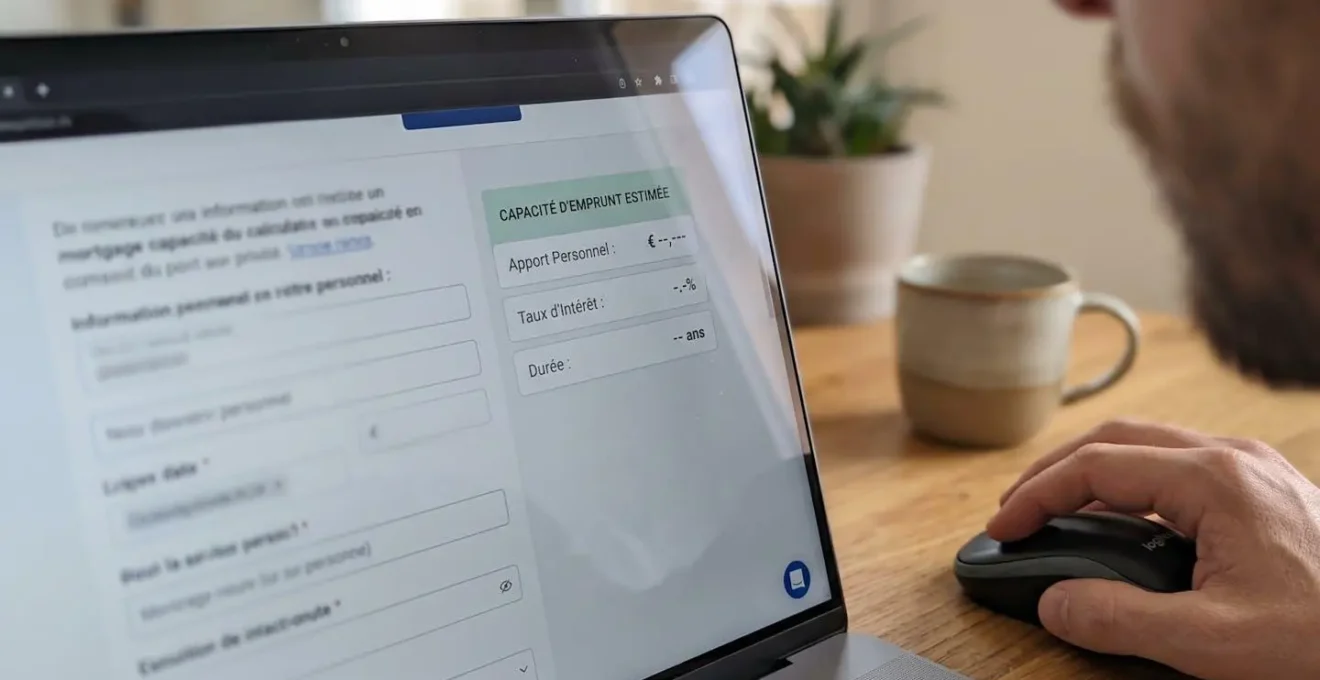 Gros plan sur un écran d'ordinateur affichant une interface de calculateur de prêt immobilier avec des champs montants en euros et pourcentages partiellement flous