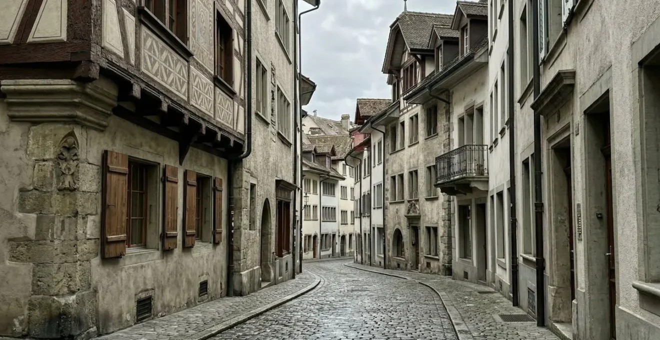 Vue extérieure d'un immeuble résidentiel typique en ville avec ciel nuageux et architecture neutre