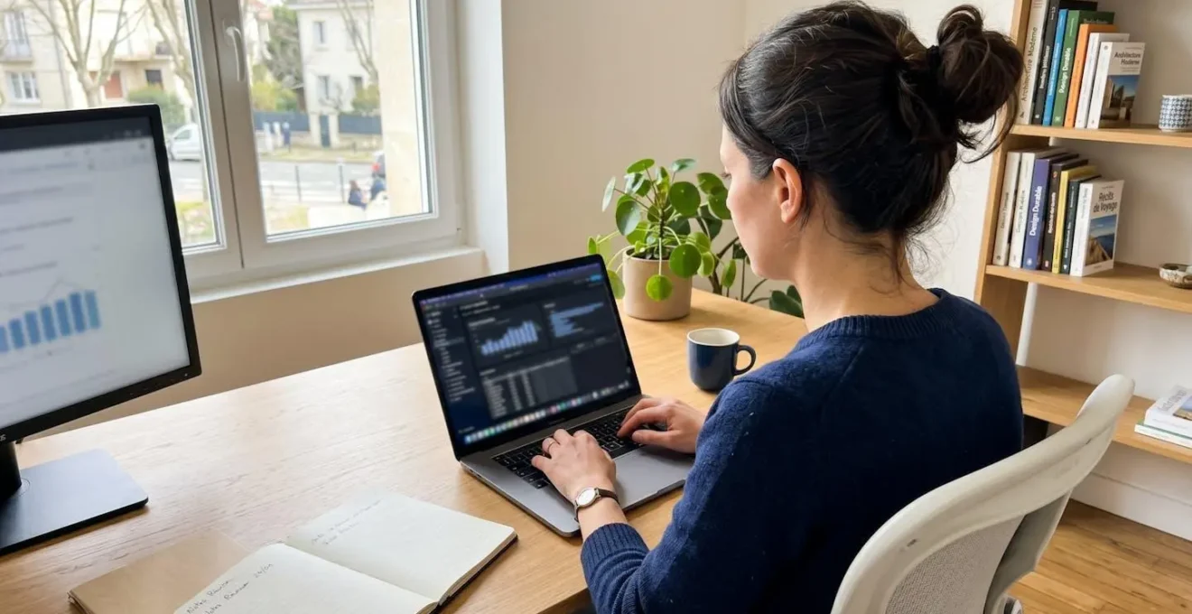 Vue par-dessus l'épaule d'une personne assise à un bureau utilisant un ordinateur portable, écran légèrement visible mais flouté, environnement de bureau contemporain lumineux
