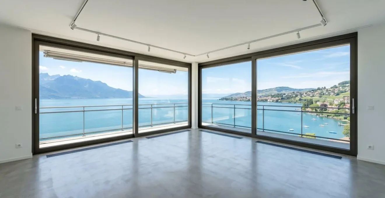 Vue grand angle d'un salon contemporain vide avec de larges baies vitrées donnant sur le lac Léman, lumière naturelle abondante, architecture moderne typique de Suisse romande