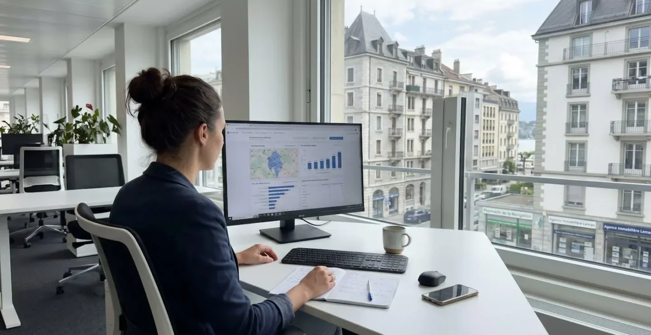 Vue par-dessus l'épaule d'un professionnel consultant des données immobilières sur un grand écran, dans un bureau moderne avec architecture genevoise visible par la fenêtre