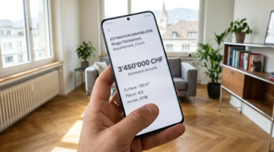 Gros plan sur un écran de smartphone affichant une interface d'estimation immobilière avec des chiffres flous, tenu dans un salon contemporain lumineux